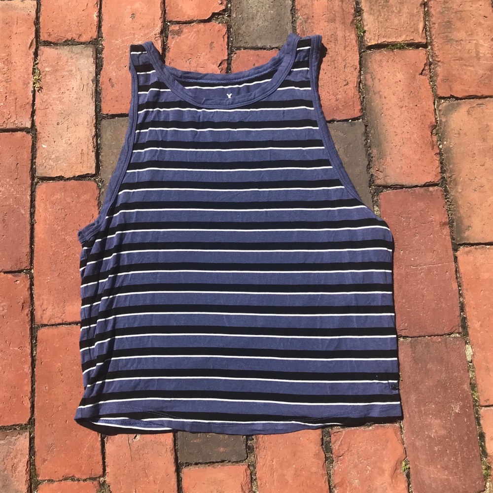 Blue black and white striped tank